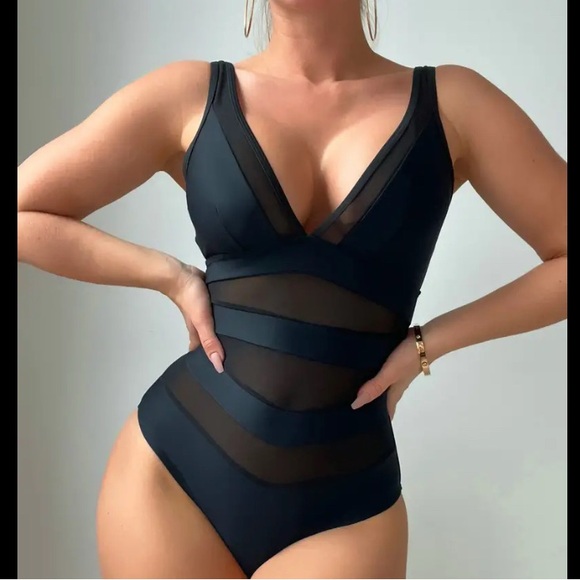 Tummy Control bodysuit V Neck High Cut Contrast Mesh Backless 1 Piece Swimsuit - Picture 2 of 10